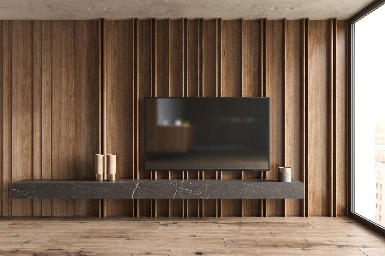 Wood slat wall with dark marble shelf