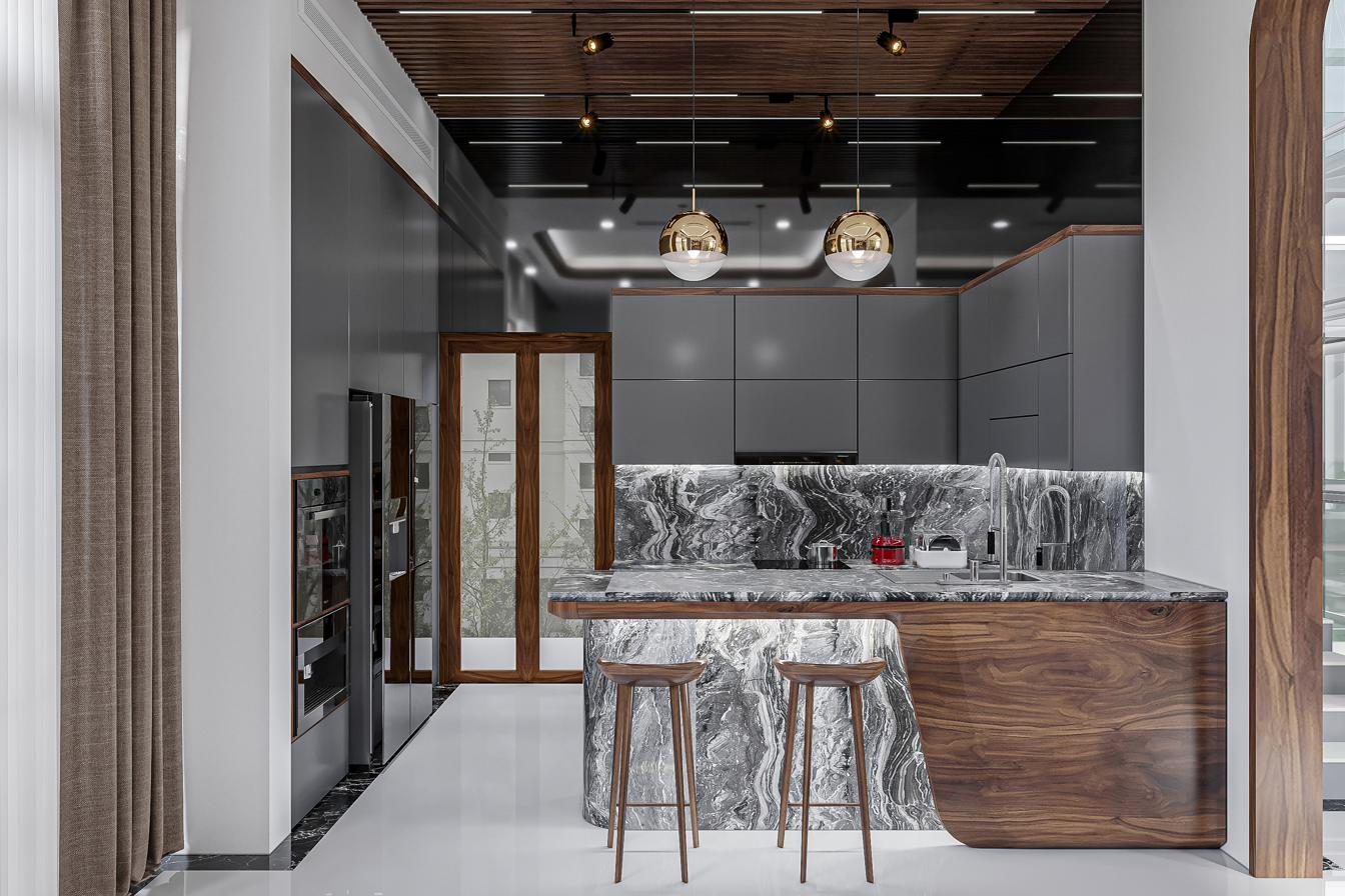 Munich premium kitchen with marble and walnut
