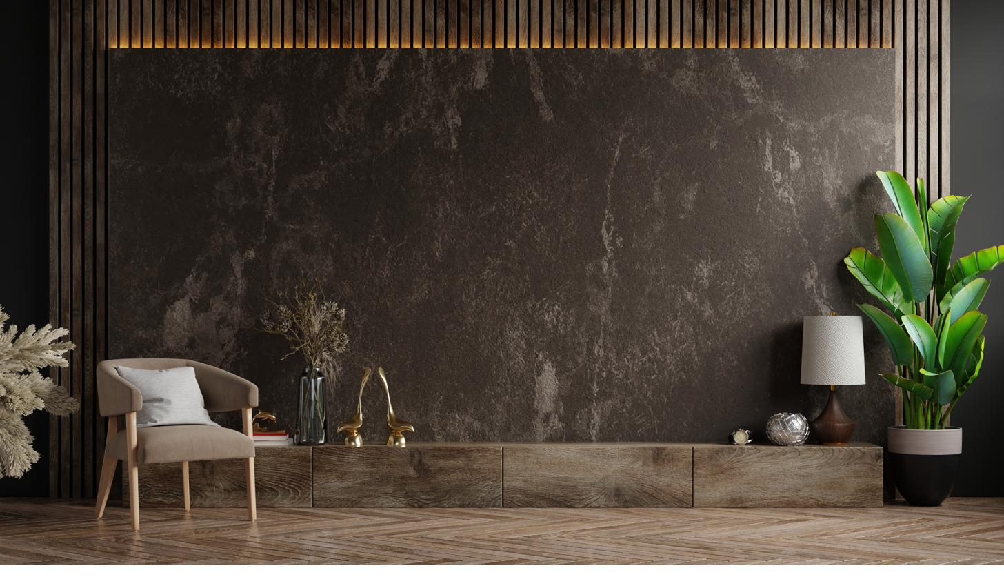 Elegant living room with natural stone wall and walnut